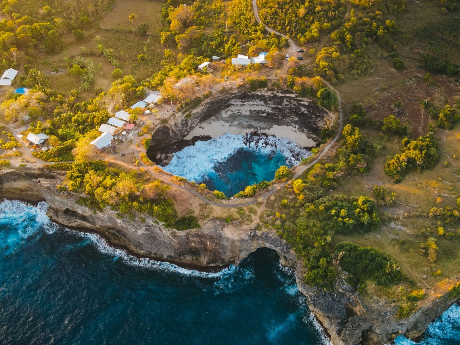Broken Beach from the air, the whole loop of the cove