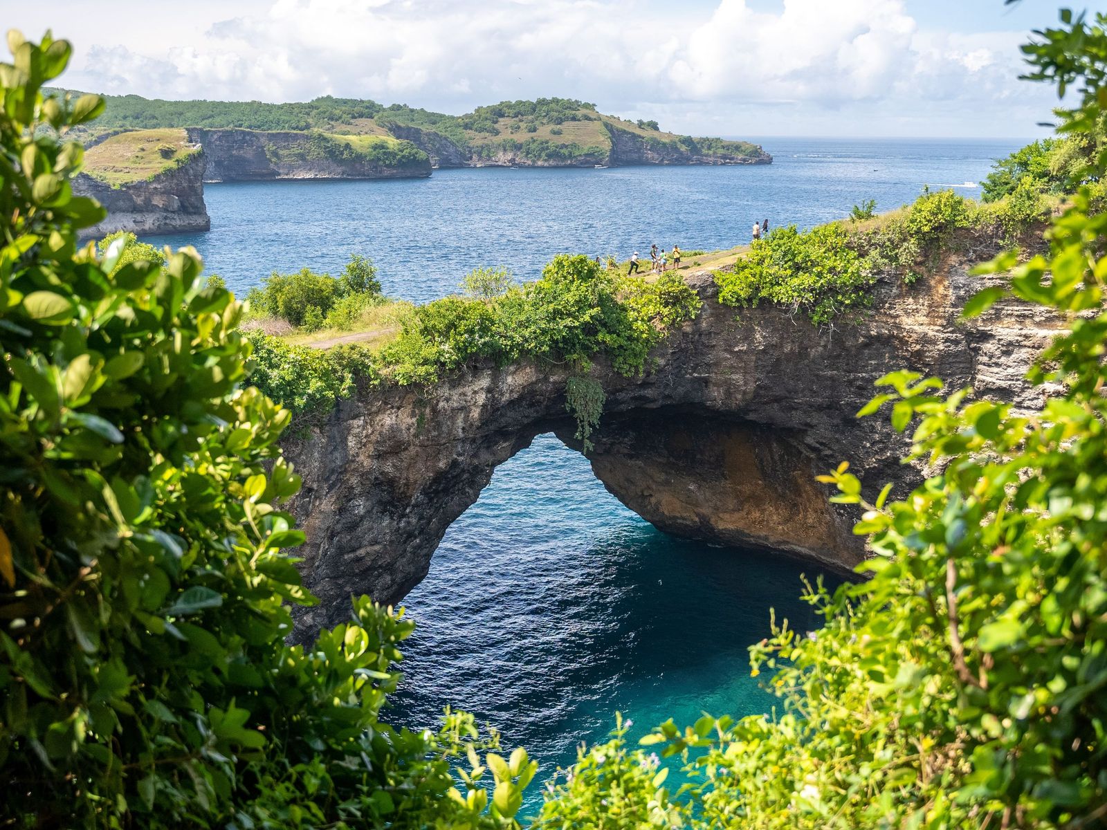 The Broken Beach arch framed by scrub